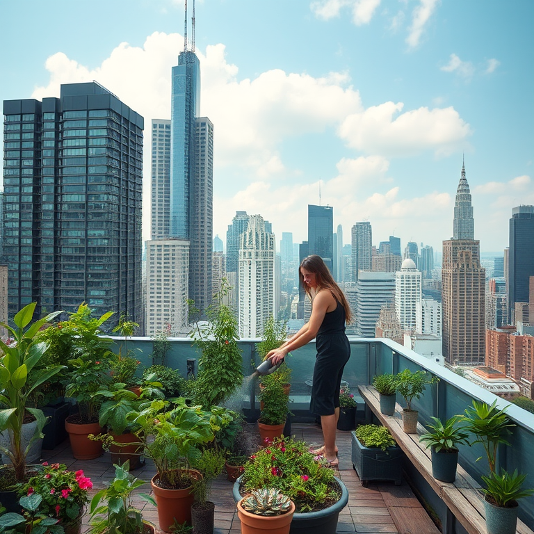 Rooftop garden in the middle of a busy city, skyscrapers towering in the background, a woman waters her plants, creating a peaceful oasis in the urban jungle.