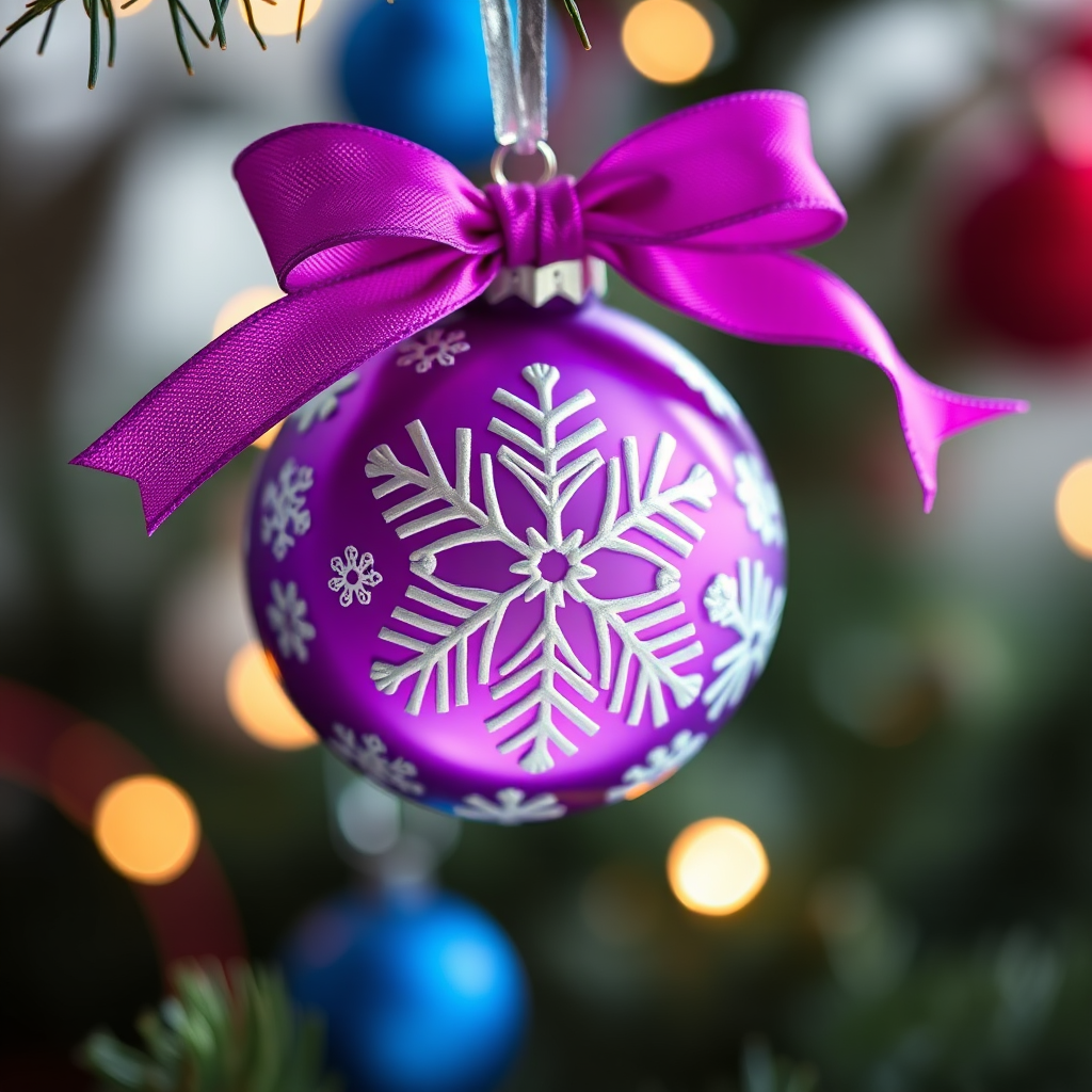 Generate a high-resolution image of a purple Christmas ornament with intricate snowflake designs and a decorative bow, captured with a DSLR camera at f/2.8 aperture, 50mm lens, ISO 100, in a soft natural light setting, with a shallow depth of field to create a blurred background.