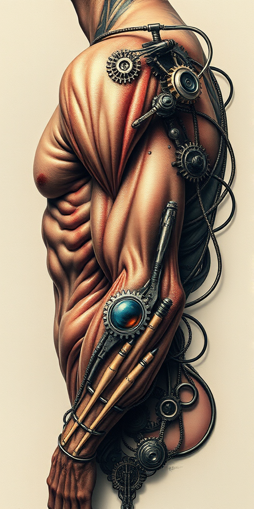 Surrealist biomechanical tattoo entitled "Cybernetic Metamorphosis" depicting a fusion of organic and mechanical elements with hyper-realistic rendering of exposed muscle tissue intertwining with gears wires and metallic components creating the illusion of a cyborg transformation in progress incorporating reflective highlights and shadow details to enhance the three-dimensional effect