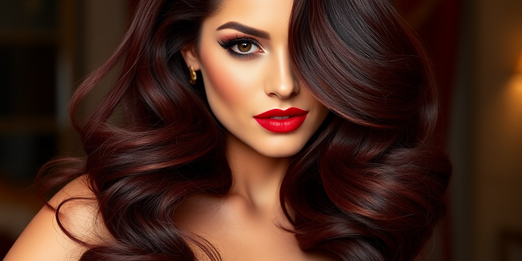 Ravishing burgundy-haired vamp with voluminous, Old Hollywood-inspired waves and a dramatic deep side part