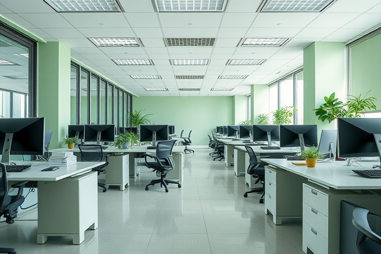 generate an office interior image with multiple workstations, computers on desks, and a light green color scheme, using a wide-angle lens at f/8 aperture, ISO 200, 24mm focal length, natural lighting, and a professional DSLR camera