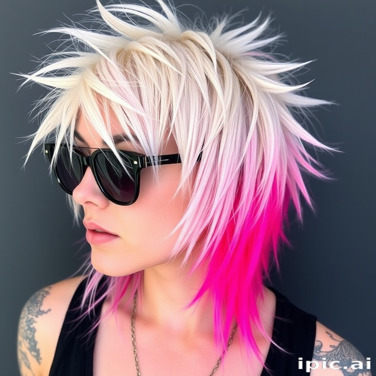 Edgy platinum blonde mullet with neon pink roots and choppy layers, styled in a tousled and textured manner for a modern punk rock vibe