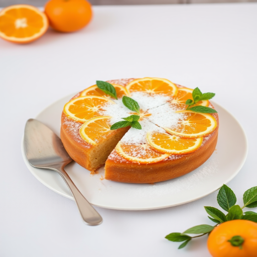A round orange cake topped with fresh orange slices and mint leaves, dusted with powdered sugar, with a slice cut out and a cake server beside it on a white plate, with a soft background.