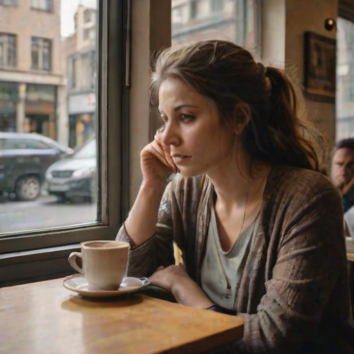 Crowded cafe in a bustling city, the sound of chatter and clinking cups filling the air, as a woman sits at a small table by the window, lost in thought.