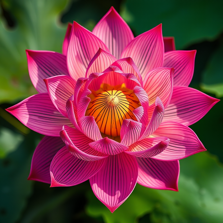 Create a high-resolution image of a stylized lotus flower with intricate linework, shot with a Canon EOS R5 at f/2.8, 50mm lens, ISO 100, top-down view, soft focus and vibrant color enhancement.