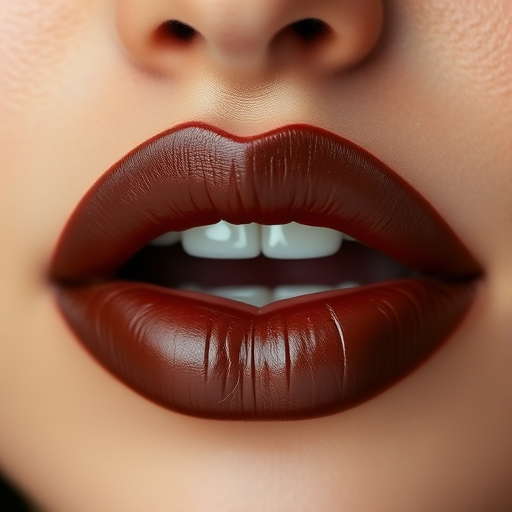 Chocolate brown lips with a glossy finish, rich and indulgent in appearance, ideal for a cozy autumn day or a coffee-themed photoshoot