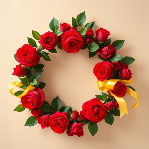 Generate a vibrant floral wreath with red roses, green leaves, and yellow ribbons against a soft beige background, captured with a DSLR camera, 50mm lens, f/2.8 aperture, 1/125 sec shutter speed, natural lighting, high-resolution style.