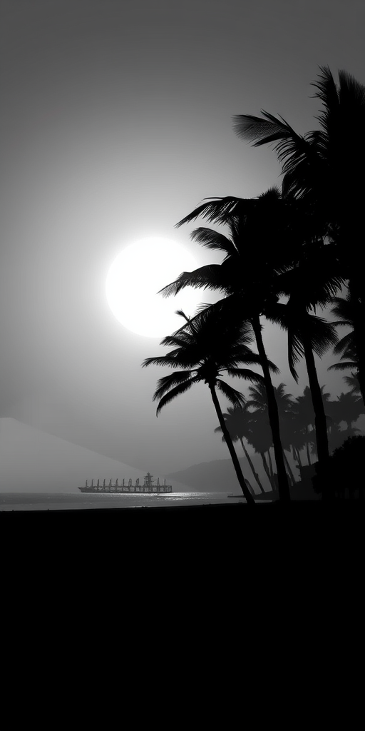 Create a high-contrast monochrome illustration of a sunset beach scene featuring silhouetted palm trees and a large sun, with a foggy ocean background, captured with a Canon EOS R5 at f/8, ISO 100, 1/200s, in a wide-angle view to emphasize the horizon.