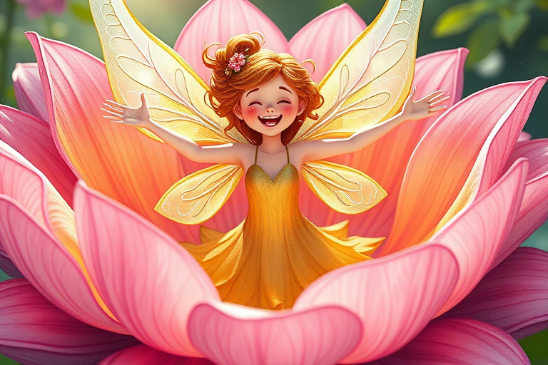 Create a vibrant illustration of a joyful fairy with extended arms surrounded by large, intricate flower petals, shot with a DSLR camera at f/2.8 aperture, ISO 100, 50mm lens, in soft natural lighting to enhance colors and details.