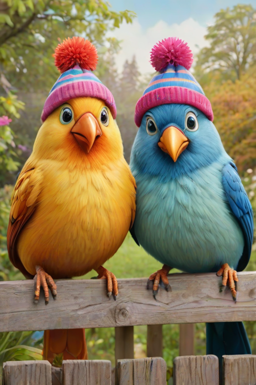 create a scene of 4 quirky  whimsical colourful comical birds each with a funny expression. they are sat on a wooden fence with colourful flowers. they are all different sizes. each one is a different colour  one is wearing a woolly hat. Each one has a different quirky google expression and there is a muted background of trees watercolour paintierly style high definition 8k resolution 3D paper mache