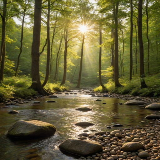 Create an image of a serene, sunlit forest scene with a clear, gently flowing river. Tall trees with lush green foliage line both sides of the river, their leaves bathed in the warm golden light of the setting or rising sun. The sunlight filters through the trees, casting soft, dappled light on the river, which flows over smooth rocks and pebbles, creating a peaceful, natural atmosphere. The sky is bright with a few scattered clouds, and the overall mood is tranquil, evoking a deep sense of connection with nature. The image captures the beauty of a calm, pristine forest landscape at either dawn or dusk.