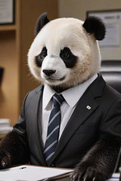 This high-resolution photograph captures a teen panda, with her distinctive black and white fur, sitting at an office desk. Huahua is dressed in a sharp, well-fitted suit, complete with a tie and neatly pressed shirt. The suit is detailed with fine stitching and a professional look, contrasting with her fluffy fur.