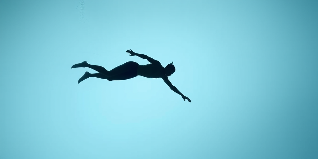 Create an image of a minimalist diving figure diving into water, captured with a DSLR camera at f/4, ISO 100, 1/500s, wide-angle view, high contrast, with a matte finish.