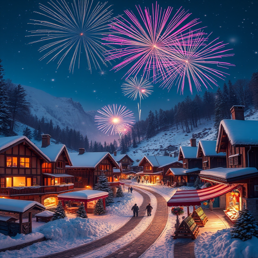 Create a vibrant winter holiday scene with fireworks in the night sky over a snowy village, featuring cozy houses, a bustling market, and festive decorations, captured with a DSLR camera at f/4, ISO 200, 1/60 sec, wide-angle lens, capturing a warm and joyful atmosphere.