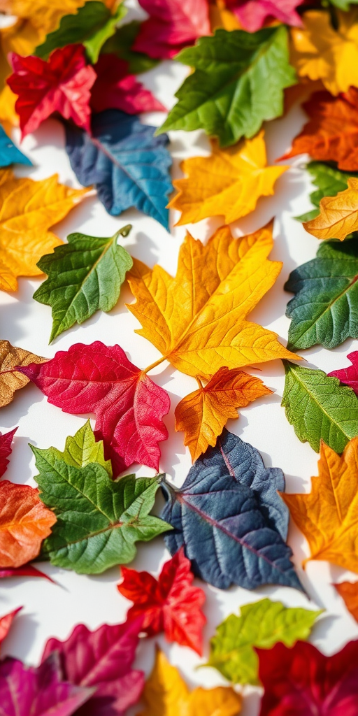 Regenerate the image of multicolored leaves scattered on a white background with vibrant hues of green, blue, purple, and red, using a macro lens at f/2.8, 1/200 sec shutter speed, ISO 100, with a shallow depth of field to enhance details and texture, shot in natural light for soft shadows.