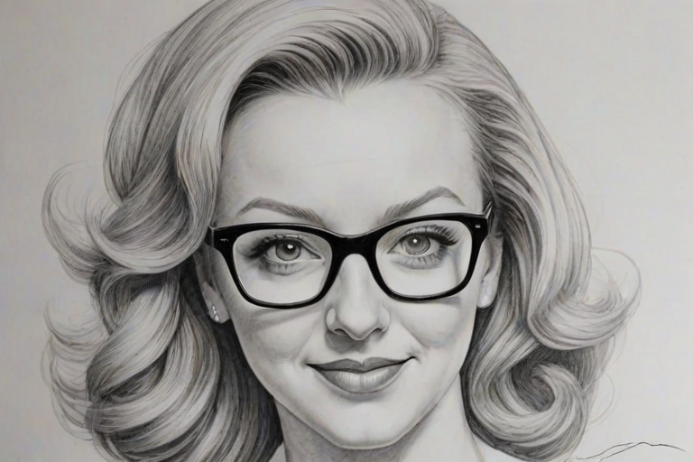 Graceful Wendi McLendon-Covey, pencil sketch, portrait of Magnificent woman 1951s in glasses, hair style beatnik, outline, clear lines, fine lines, 8k