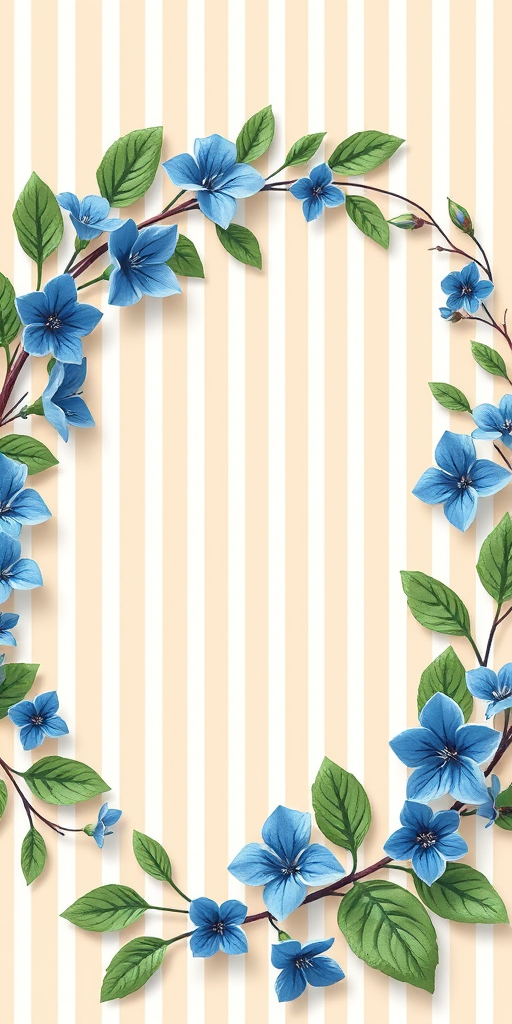 floral border design with blue flowers and green leaves on a beige striped background, circular frame, high resolution, camera settings f/4.0, 1/125s, ISO 100, shot at 50mm, natural light, macro photography style, using a DSLR camera