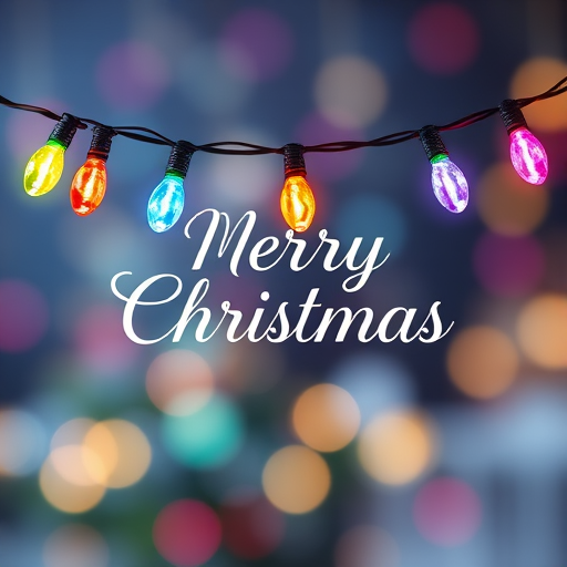 Create an illustration of colorful Christmas lights on a string with the phrase Merry Christmas in elegant cursive, using a soft pastel color palette, captured in high resolution with a DSLR camera at f/2.8 aperture, ISO 100, 35mm lens, and a soft focus background for enhanced image quality.