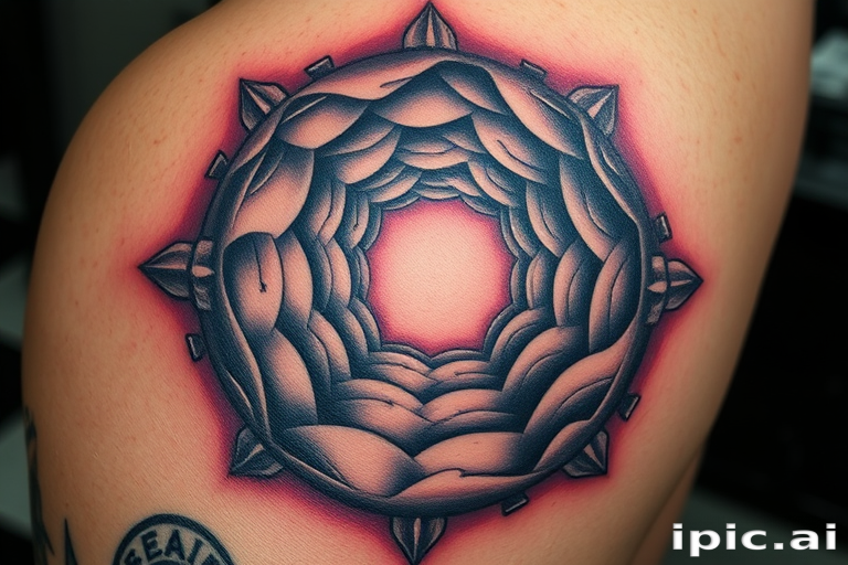 Surrealist optical illusion tattoo creating the appearance of a three-dimensional portal on the skin, with hyper-realistic depth and shading techniques for a mind-bending visual experience