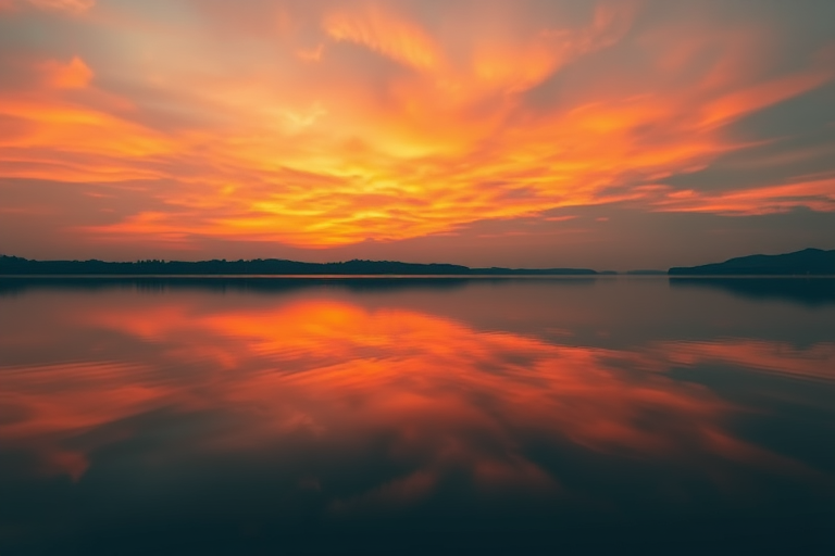 Generate a high-resolution image of a serene sunset over a calm lake with vibrant colors in the sky and reflections on the water, captured with a Canon EOS R5, 50mm lens, f/1.8 aperture, ISO 100, at sunset, using a wide-angle view for depth.