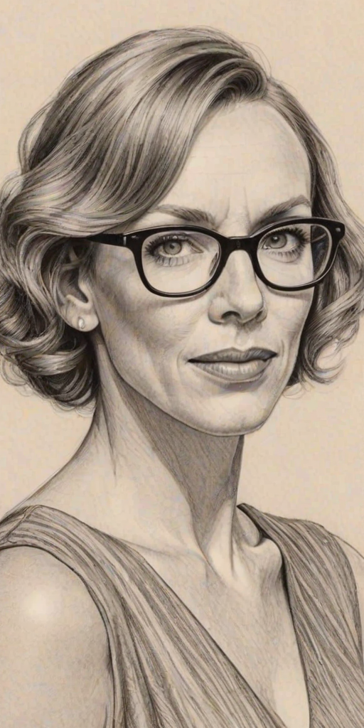 Graceful Toni Collette, pencil sketch, portrait of Elegant woman 1950s in glasses, hair style beatnik, outline, clear lines, fine lines, 8k