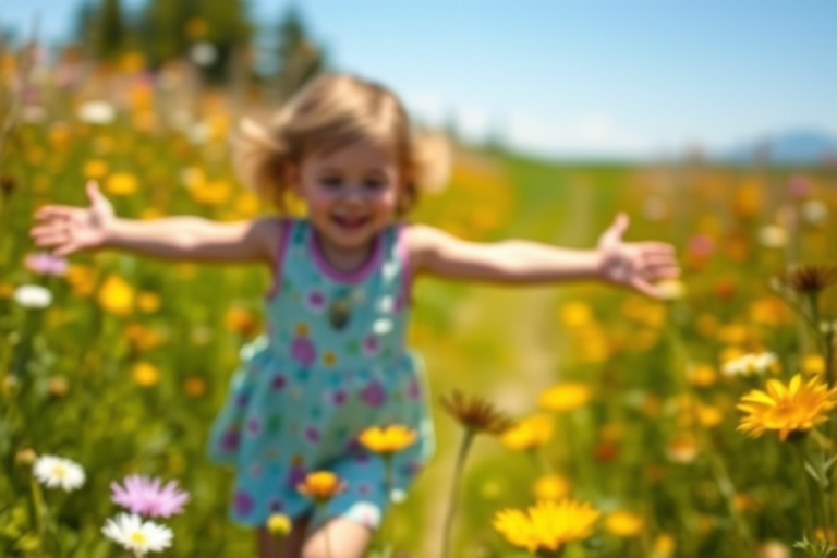 Blurry candid shot of a young child running through a field of wildflowers, arms outstretched, with colorful blooms swaying around them and a sunny blue sky above.