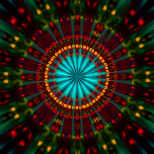 create an abstract image with vibrant colors and sharp contrasts, featuring a central band of turquoise with radiating patterns of red and yellow dots, use a high-resolution digital camera, f/8 aperture, ISO 100, 24mm lens, and a long exposure to enhance detail and depth