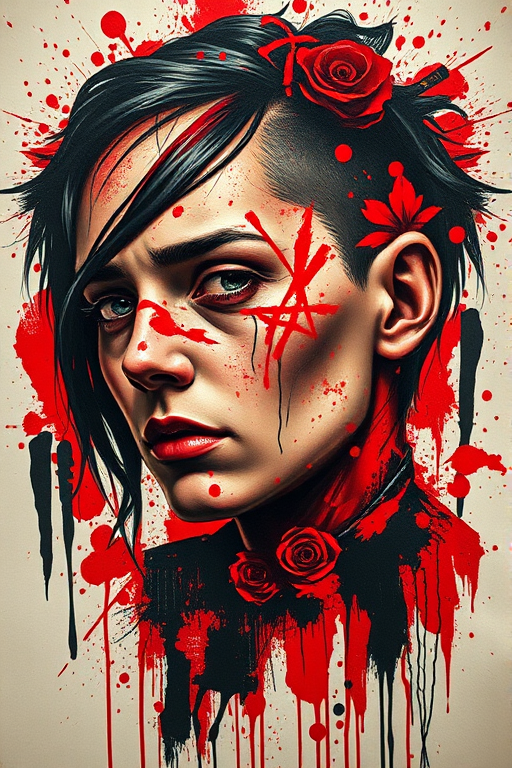 Trash polka tattoo combining photorealistic portraits with abstract brushstrokes, dramatic red and black color scheme, chaotic yet balanced composition, raw and expressive aesthetic