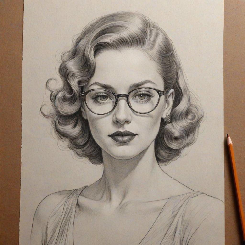 Exquisite Lilith Czar, pencil sketch, portrait of Gorgeous woman 1937s in glasses, hair style beatnik, outline, clear lines, fine lines, 8k