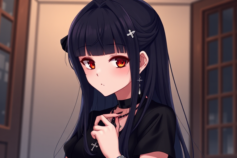 1girl, solo, long hair, looking at viewer, bangs, shirt, black hair, hair ornament, red eyes, jewelry, closed mouth, upper body, short sleeves, earrings, hairclip, indoors, blunt bangs, necklace, black shirt, makeup, piercing, ring, cross, ear piercing, fishnets, black nails, watch, head rest, red lips, wristwatch, gothic