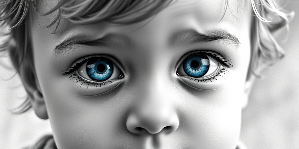A hyperdetailed photorealistic black and white sketch of a beautiful toddler with deep cyan eyes, with a macro focus