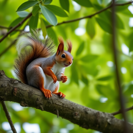 squirrel sitting on a tree branch, lush green leaves in the background, close-up shot, aperture f/2.8, shutter speed 1/250s, ISO 400, DSLR camera, natural light, shallow depth of field