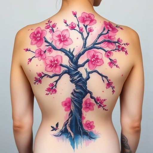 Vibrant watercolor tattoo adorning the entire back, featuring a sprawling cherry blossom tree with petals cascading down the spine, branches extending across shoulder blades in soft pink and purple hues