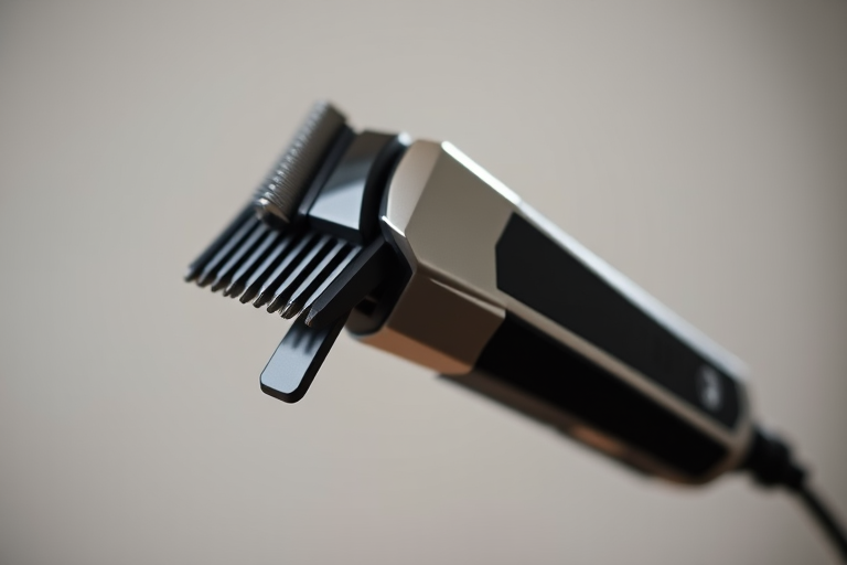 high-quality image of a professional hair clipper with a sleek design, taken with a Canon EOS R5 camera, 50mm lens, aperture f/2.8, ISO 100, natural lighting, focus on the clipper with a shallow depth of field