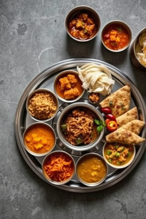 Create a high-resolution image of a traditional Indian thali featuring various dishes on a stainless steel plate, capturing vibrant colors and detailed textures, shot with a Canon EOS R5, 50mm lens, f/1.8, ISO 100, natural light, top-down view for clarity and emphasis on food presentation.