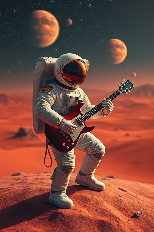 Create an image of an astronaut playing a guitar on a red desert landscape with distant planets and stars in the background, using a Canon EOS R5, 50mm lens, f/1.8 aperture, ISO 100, with a soft focus style to enhance depth and detail.