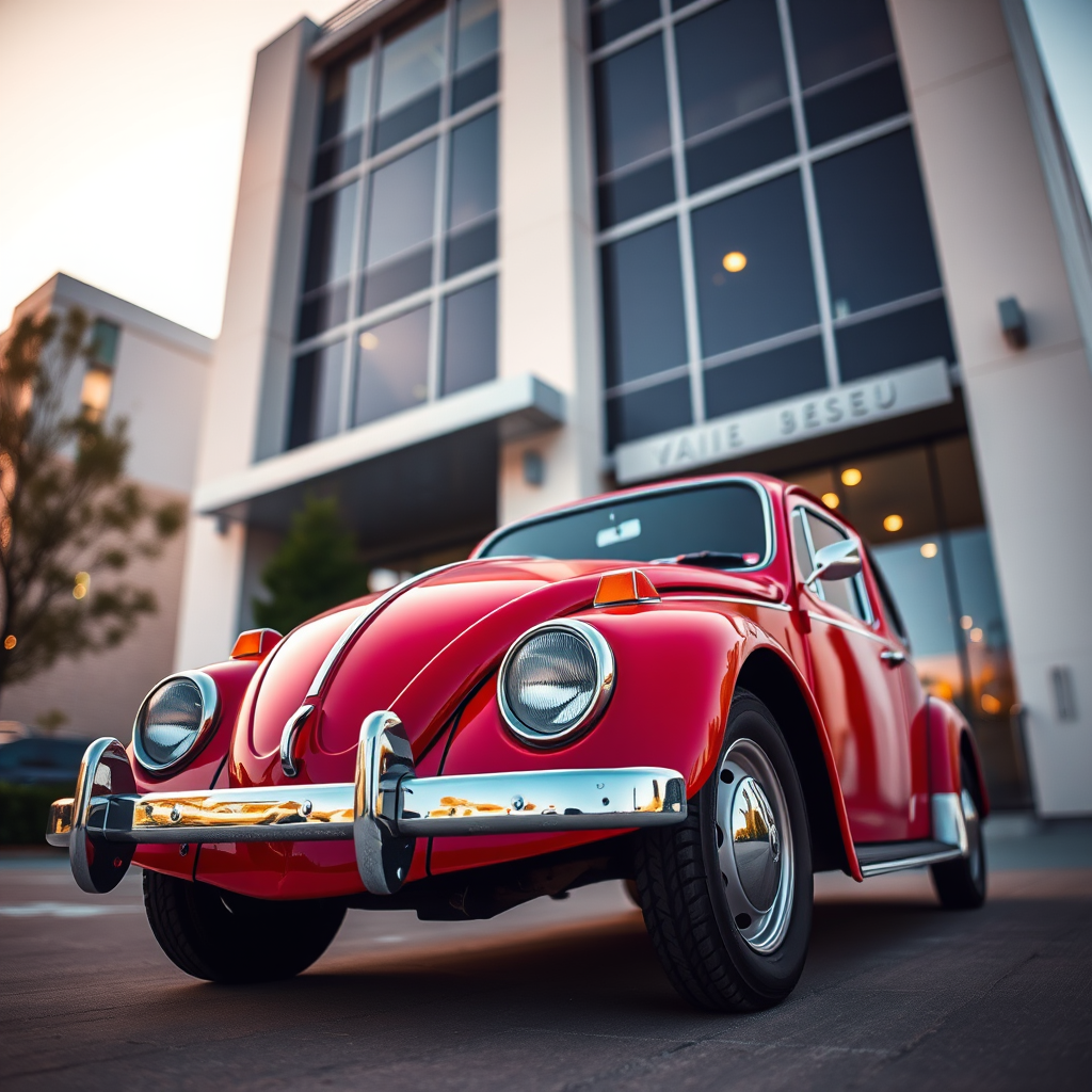 Capture a low-angle shot of a vintage red Volkswagen Beetle parked outside a modern building during golden hour with soft bokeh, using a DSLR camera with a 50mm lens, aperture set to f/1.8, ISO 100, and shutter speed 1/250 sec for enhanced clarity and rich colors.