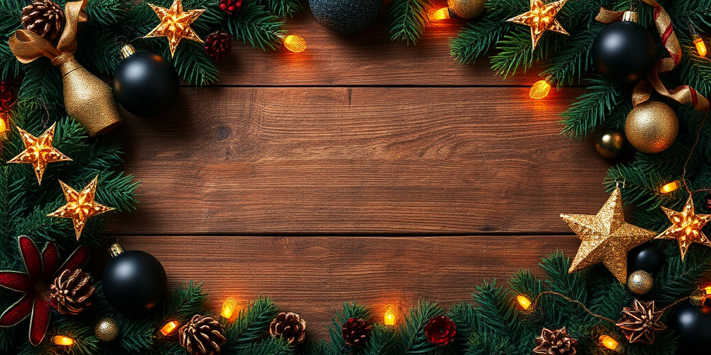Create an image featuring a rustic wooden background framed with festive decorations. Include dark and shiny ornaments, golden lights, and star-shaped accents. Ensure the arrangement is symmetrical and creates a warm, holiday atmosphere with a focus on the center space.