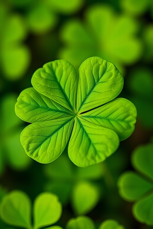 Create a high-resolution close-up image of a four-leaf clover with vibrant green colors, using a DSLR camera, aperture set to f/2.8 for a shallow depth of field, ISO 100 for minimal noise, and a 50mm lens for sharp focus.
