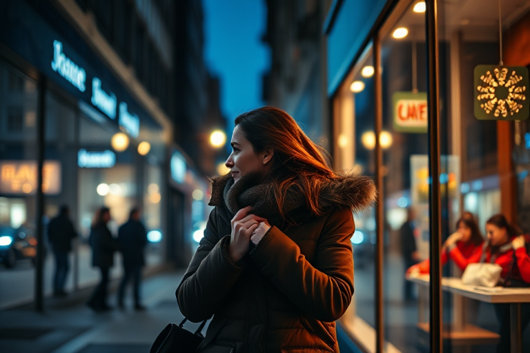 Nighttime city street, a woman walking past glowing shop windows, her reflection in the glass as she pulls her coat tighter against the chilly breeze.