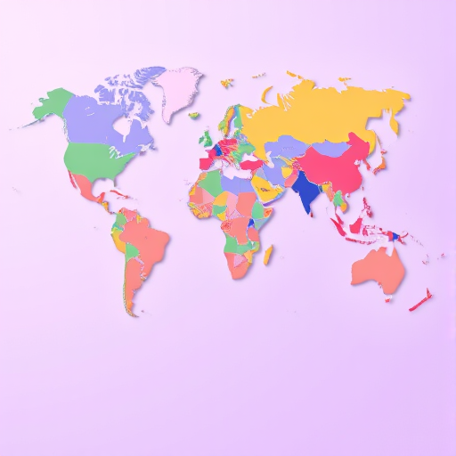 A high-resolution digital illustration of a world map showing continents and countries in various colors, over a light purple background, captured with a DSLR camera at ISO 100, f/8 aperture, 35mm lens, in a top-down view with a soft focus effect.