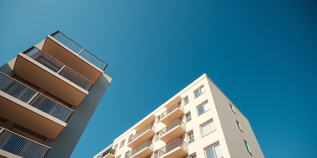 Capture a modern residential building with a focus on the balconies, shot from a low angle looking up against a clear blue sky, using a DSLR camera with a 50mm lens, aperture set to f/8 for depth of field, and ISO 100 for optimal clarity.