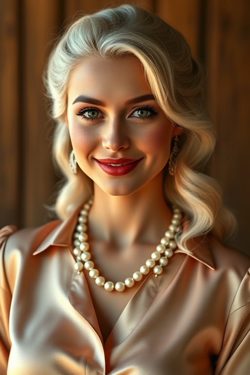 A beautiful Native American woman reminiscent of 1950s Hollywood glamour, with perfectly styled blonde hair and a seductive smile, dressed in a satin blouse and adorned with pearls, soft and warm tones, photorealistic, 8K