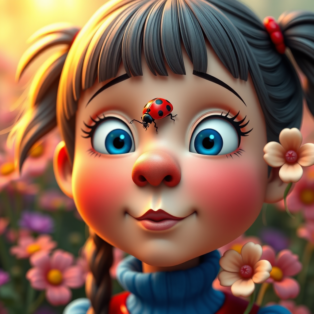 whimsical comical cartoon art Quentin Blake style, closeup portrait view of a cute girl with two ponytails in her hair, an adorable ladybug sits on her nose, funny children’s book illustration with bright colors and flowers in the background