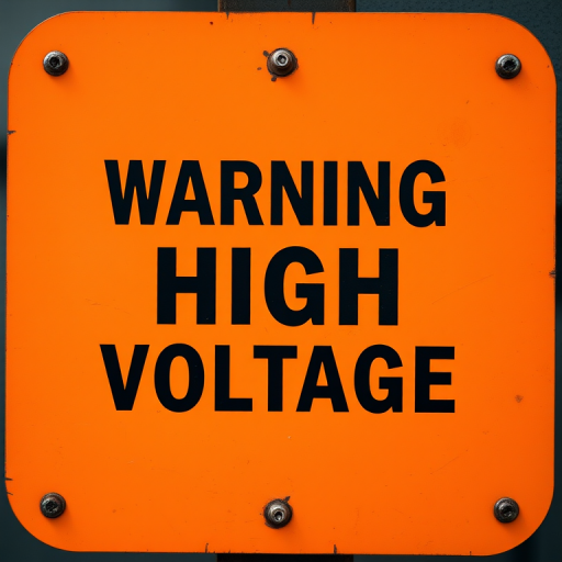 Generate an image of an orange warning sign with bold black text stating "WARNING HIGH VOLTAGE," shot in high resolution with a Canon EOS 5D Mark IV, f/4 aperture, 1/200 sec shutter speed, ISO 100, taken from a straight-on angle.