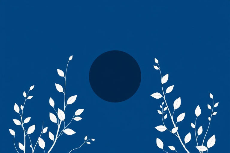 Create a minimalist illustration of white leaves and branches against a blue background, circular black form in the center, soft focus, using a DSLR camera with a 50mm lens, aperture f/2.8, ISO 100, and natural lighting to enhance clarity and detail.