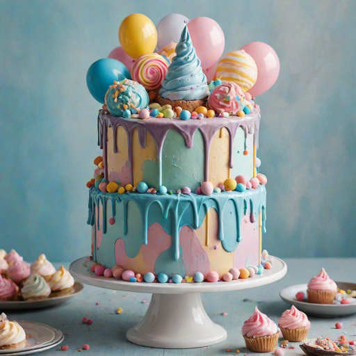 Create a colorful and whimsical cake design featuring pastel colors. The cake should have a smooth frosting finish with drips cascading down the sides. Add an ice cream cone on top and decorate with various candies, including swirled meringues, chocolate wafers, and pastel-colored candies. Surround the cake with soft balloons in shades of blue, pink, and cream for a festive touch.