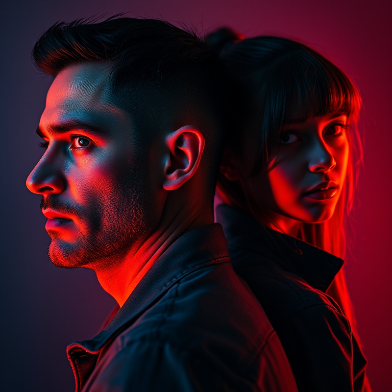 Create a dramatic portrait of a man and a girl back-to-back, with intense expressions, illuminated by colorful lighting that suggests a tense atmosphere; use a Canon EOS R5 camera, standard lens at f/2.8, ISO 100, 1/200 second shutter speed, side view angle, cinematic style for enhanced detail and depth.