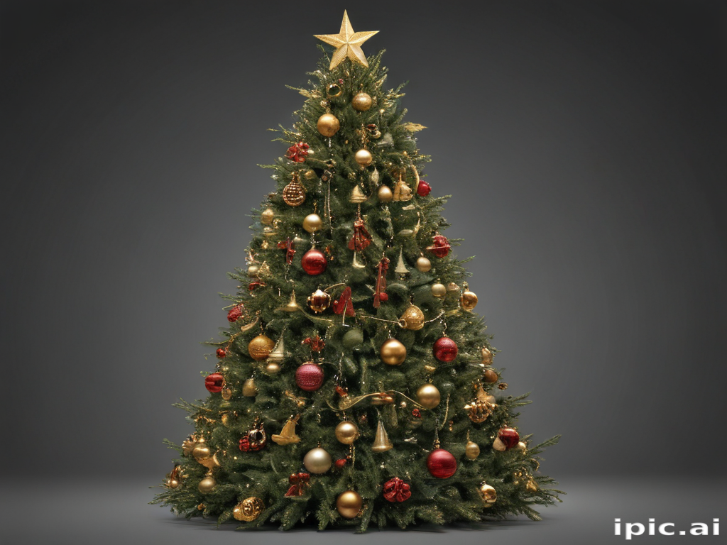 Beautifully Decorated Christmas Tree with Gold and Red Ornaments Glowing
