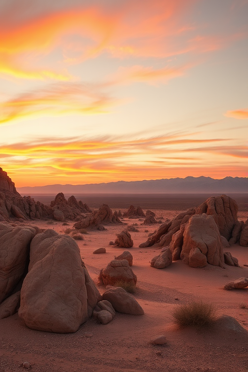 Generate a digital artwork of a desert landscape at sunset, featuring soft orange and pink hues in the sky, detailed rocky formations in the foreground, distant mountains with a smooth gradient, captured using a Canon EOS R5, 24mm lens, f/8 aperture, 1/200 sec shutter speed, and a slight vignette effect for depth.